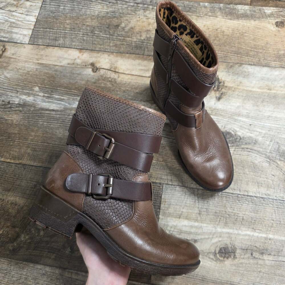 Sofft Aldina Brown Leather Moto Boots Size 6 1/2 Low Heel Ankle Boots Fall